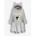 Cat Embroidery Hooded Pocket Irregular Hem Fleece Casual Sweatshirt