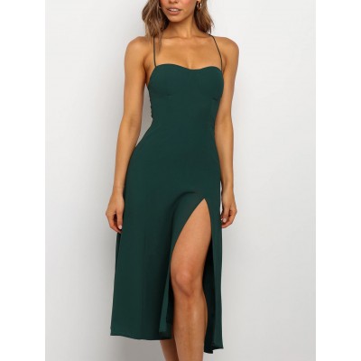 Retro shoulder strap side slit suspender dress HF2704-01-01 Retro shoulder strap side slit suspender dress HF2704-01-01