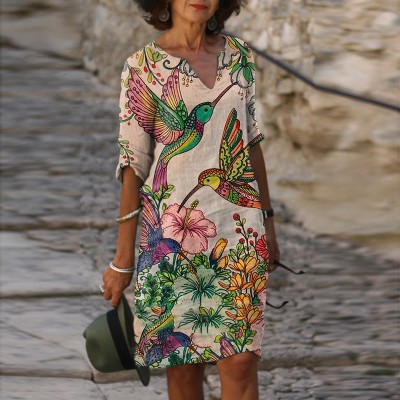 Birds and flowers scent V-neck loose fit comfortable dress HF1816-03-01 Birds and flowers scent V-neck loose fit comfortable dress HF1816-03-01