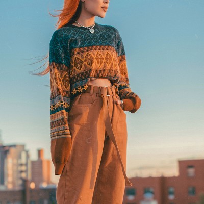 Woman Short Sweater Retro Chic Splicing Color Winter Young G HF2902-03-03 Woman Short Sweater Retro Chic Splicing Color Winter Young G HF2902-03-03