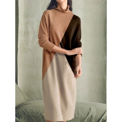 High neck contrasting color patchwork knitted long sleeved woolen dress HF3108-02-04 High neck contrasting color patchwork knitted long sleeved woolen dress HF3108-02-04