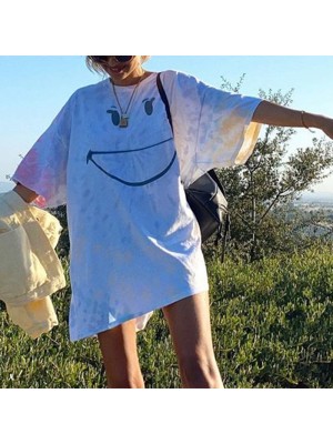 Trendy Korean style women's smiling face T-shirt   HF0215-02-04