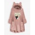 Cat Embroidery Hooded Pocket Irregular Hem Fleece Casual Sweatshirt