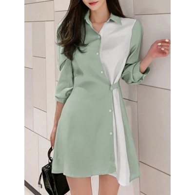 Contrast Color Irregular Button Lapel 3 4 Sleeve Shirt Dress