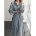 Solid Belt Long Sleeve Lapel Button Down Shirt Dress