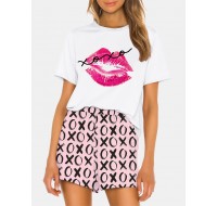 Women Funny Kiss Letter Print Loose Print Loose Breathable Pajama Set