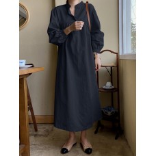 Solid Button Puff Long Sleeve Loose Casual Shirt Dress