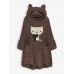 Cat Embroidery Hooded Pocket Irregular Hem Fleece Casual Sweatshirt