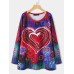 Women Graffiti Heart Floral Print Round Neck Casual Long Sleeve T  Shirt