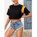 Women Side Stripe Print Cropped Short Sleeve Black T  Shirts