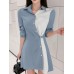 Contrast Color Irregular Button Lapel 3 4 Sleeve Shirt Dress