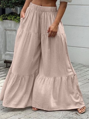 Casual Solid Elastic High Waist Pleated Stitching Wide Leg Pants For Women