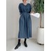 Solid Color Long Sleeve V  neck Shirt Dress With Belt